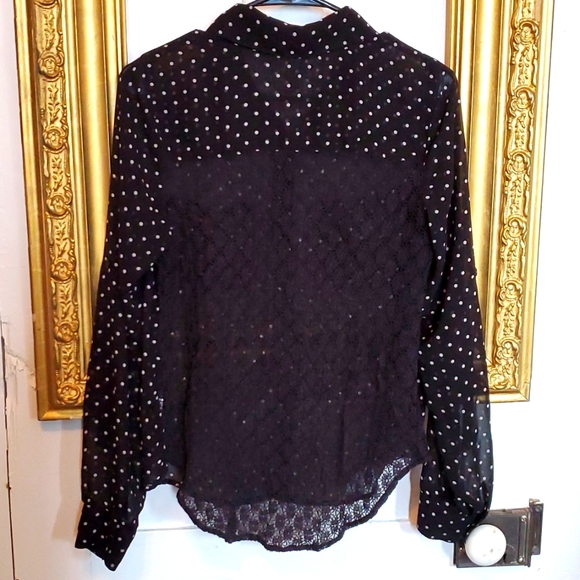 Polka-Dot Button Down Hi-Lo Sheer Lace Blouse - Picture 2 of 4